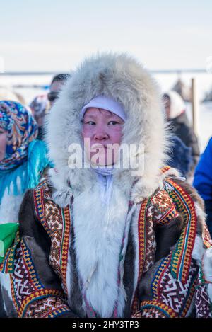 Nenet woman in traditional reindeer fur clothes at Reindeer Herdes Festival in Salekhard, Yamalo-Nenets Autonomous Okrug, Russia Stock Photo