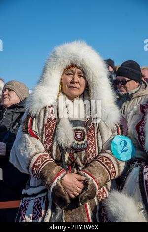 Nenet woman in traditional reindeer fur clothes at Reindeer Herdes Festival in Salekhard, Yamalo-Nenets Autonomous Okrug, Russia Stock Photo