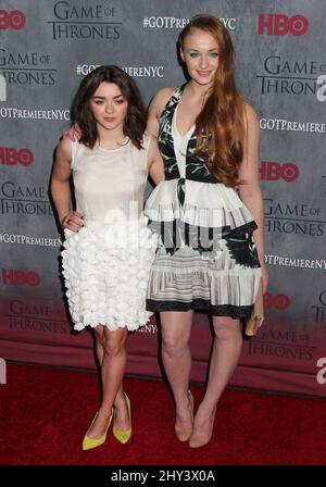 Maisie WIlliams and Sophie Turner attending the season four premiere of Game of Thrones in New York. Stock Photo