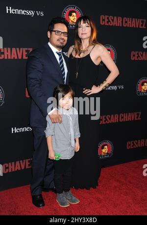 Michael Pena, Brie Shaffer and Roman Pena attending the 'Cesar Chavez' Premiere in Los Angeles Stock Photo