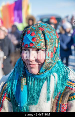Nenet woman in traditional clothes at Reindeer Herdes Festival in Salekhard, Yamalo-Nenets Autonomous Okrug, Russia Stock Photo