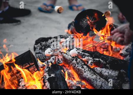 Closeup of people roasting marshmallows over a bonfire Stock Photo