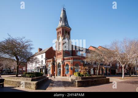 The market square in Rugeley Town Centre. Rugeley is an industrial and market town in Cannock Chase District in Staffordshire, England. It lies on the north-eastern edge of Cannock Chase next to the River Trent, 7.9 miles north of Lichfield Stock Photo