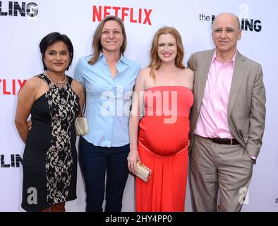 Veena Sud, Cindy Holland, Mireille Enos, David Madden attending 'The Killing' Season 4 Premiere held at The Arclight Hollywood in Los Angeles, USA. Stock Photo