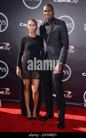 Keri Hilson, Serge Ibaka arriving at the 2014 ESPYS held at Nokia Theatre, L.A. Live Stock Photo