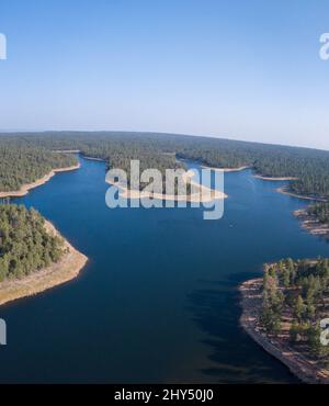 Beautiful view of Willow Springs Lake with a forest on a sunny day Stock Photo