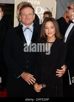 FILE PHOTO: Robin Williams dies age 63. January 19, 2003 Beverly Hills, CA. Robin Williams and daughter 'The 60th Annual Golden Globe Awards' Held at the Beverly Hilton Hotel Stock Photo