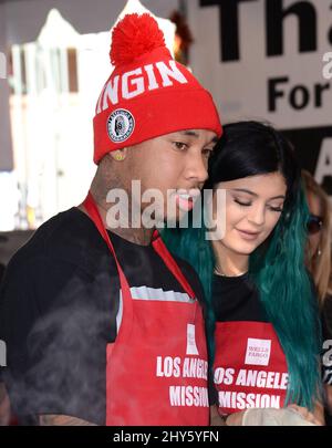 Kylie Jenner, Tyga during the Los Angeles Mission Thanksgiving Meal For The Homeless, held at Los Angeles Mission Stock Photo