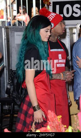 Kylie Jenner, Tyga during the Los Angeles Mission Thanksgiving Meal For The Homeless, held at Los Angeles Mission Stock Photo