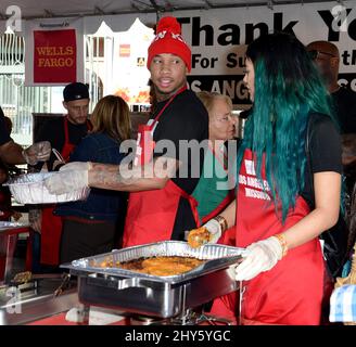 Kylie Jenner, Tyga during the Los Angeles Mission Thanksgiving Meal For The Homeless, held at Los Angeles Mission Stock Photo