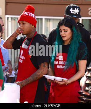 Kylie Jenner, Tyga during the Los Angeles Mission Thanksgiving Meal For The Homeless, held at Los Angeles Mission Stock Photo