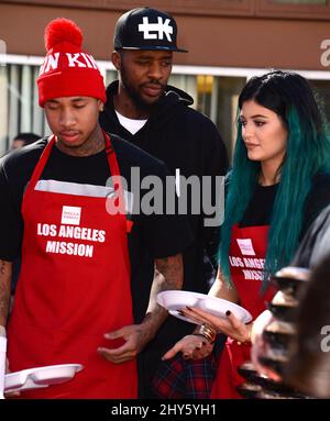 Kylie Jenner, Tyga during the Los Angeles Mission Thanksgiving Meal For The Homeless, held at Los Angeles Mission Stock Photo