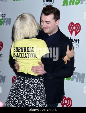 Rita Ora and Sam Smith arrives for KIIS FM's Jingle Ball concert held at Staples Center, Los Angeles. Stock Photo