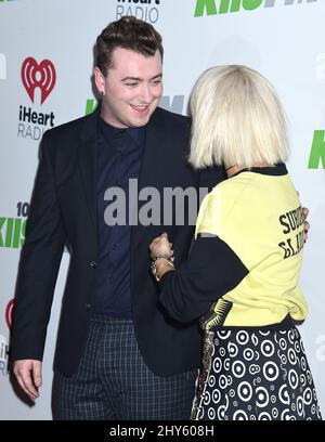 Rita Ora and Sam Smith arrives for KIIS FM's Jingle Ball concert held at Staples Center, Los Angeles. Stock Photo