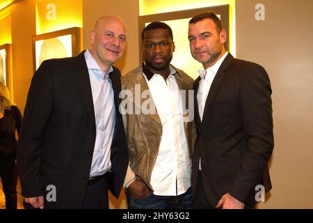 Lou DiBella, Curtis '50 Cent' Jackson and Liev Schreiber attending the 'Tapia' New York Premiere held at the HBO Theatre Stock Photo