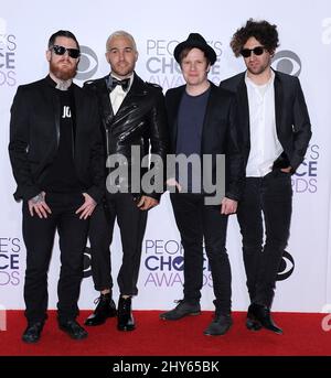 Andy Hurley, Peter Wentz, Patrick Stump, Joe Trohman of Fall Out Boy arriving at the People's Choice Awards at the Nokia Theatre on Wednesday, Jan. 7, 2015, in Los Angeles. Stock Photo
