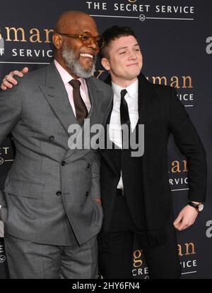 Samuel L. Jackson, Taron Egerton attending 'Kingsman: The Secret Service' World Premiere at the SVA Theatre Stock Photo