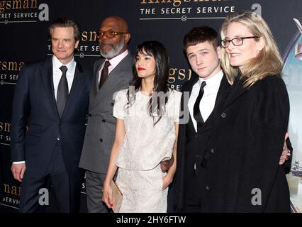 Colin Firth, Samuel L. Jackson, Sofia Boutella, Taron Egerton and Emma Watts attending the 'Kingsmen: The Secret Service' premiere at the SVA Theatre, New York Stock Photo