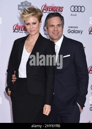 Mark Ruffalo and Sunrise Coigney arriving for the premiere of Avengers: Age of Ultron at the Dolby Theatre in Hollywood, Los Angeles on April 13, 2015. Stock Photo
