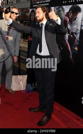 Aaron Taylor-Johnson arriving for the premiere of Avengers: Age of Ultron at the Dolby Theatre in Hollywood, Los Angeles on April 13, 2015. Stock Photo