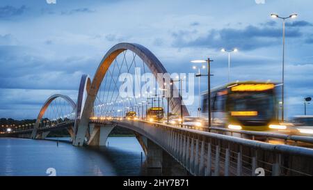 Traffic on JK Bridge at dusk in Brasilia, Federal District, capital of Brazil. Stock Photo