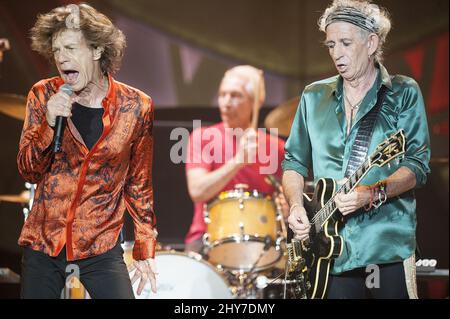 Mick Jagger, Charlie Watts, Keith Richards performs during The Rolling Stones 2015 Zip Code tour Carter Finley Stadium. Stock Photo