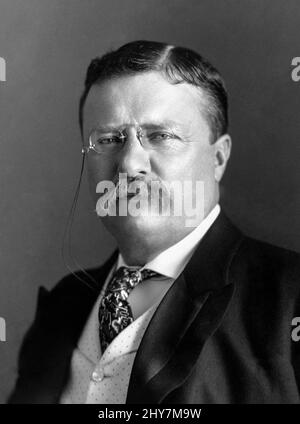 Theodore Roosevelt Jr. (October 27, 1858 – January 6, 1919), often referred to as Teddy or his initials T. R., was an American politician, statesman, conservationist, naturalist, historian, and writer who served as the 26th president of the United States from 1901 to 1909. He previously served as the 25th vice president under William McKinley from March to September 1901, and as the 33rd governor of New York from 1899 to 1900. Having assumed the presidency after McKinley's assassination, Roosevelt emerged as a leader of the Republican Party and became a driving force for anti-trust and Progres Stock Photo