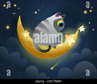 Cat and Golden Moon Sleeping Wallpaper or Card Stock Vector