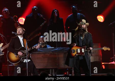 Chris Stapleton, Justin Timberlake performing during the 49th Annual Country Music Association Awards held at the Bridgestone Arena in Nashville, USA. Stock Photo