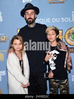 Travis Barker, Landon Barker & Alabama Barker Cirque du Soleil's 'KURIOS €“ Cabinet of Curiosities' Opening Night held at the Dodger Stadium. Stock Photo