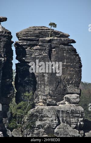 Vertical shot of Bastei rocky formation in Germany Stock Photo