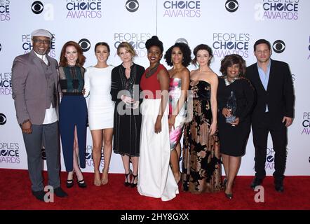James Pickens Jr., Sarah Drew, Camilla Luddington, Ellen Pompeo, Jerrika Hinton, Kelly McCreary, Caterina Scorsone, Chandra Wilson and Justin Chambers in the press room at the People's Choice Awards 2016 held at the Microsoft Theatre L.A. Live Stock Photo