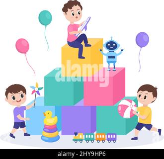 Cute Children Playing with Various Toy at Kindergarten in Flat Cartoon Style Illustration. Interior of Playroom for fun and Gaming Stock Vector