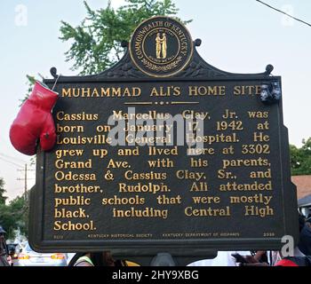 June 9, 2016 Louisville, KY. Muhammad Ali's Childhood Home Historical marker at boxing legend Muhammad Ali's childhood home at 3302 Grand Ave. Stock Photo