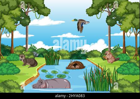 Animal living on nature wet scene illustration Stock Vector