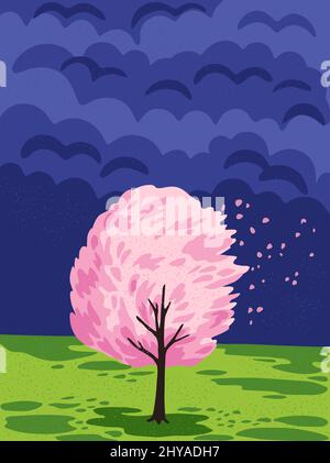 Blooming pink tree in windy cloudy day. Spring landscape with clouds. Stock Vector