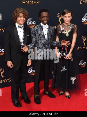 Gaten Matarazzo, Caleb McLaughlin, Millie Bobby Brown arriving for the 68th Primetime Emmy Awards on Sunday, September. 18, 2016, at the Microsoft Theater in Los Angeles. Stock Photo