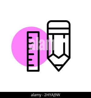 Pencil and ruler. Pixel perfect, editable stroke fun color Stock Vector