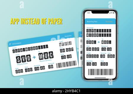 Electronic ticket concept. Mobile app boarding pass template. Online flight check in card Vector illustration Stock Vector
