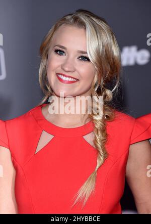 Emily Osment arriving at Lucasfilm's 'Rogue One: A Star Wars Story' world premiere held at the Pantages Theatre in Los Angeles, USA. Stock Photo