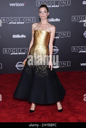 Jaime King arriving at Lucasfilm's 'Rogue One: A Star Wars Story' world premiere held at the Pantages Theatre in Los Angeles, USA. Stock Photo