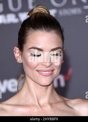 Jaime King arriving at Lucasfilm's 'Rogue One: A Star Wars Story' world premiere held at the Pantages Theatre in Los Angeles, USA. Stock Photo