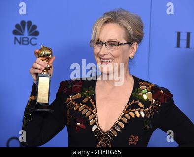 Meryl Streep in the press room at the 74th Annual Golden Globe Awards in Los Angeles Stock Photo