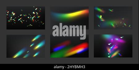 Rainbow crystal lights collection of backgrounds. Prism flare reflection, lens refraction overlays. Glass, jewelry or gem stone glare, kaleidoscope optical effect Realistic 3d vector illustration, set Stock Vector