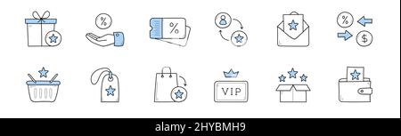 Set of loyalty program doodle icons gift box, hand with percent sign, sale coupon or tag, envelope, shopping basket and bag, vip client card, stars in box and wallet, Line art vector illustration Stock Vector