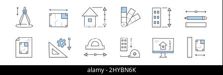 Set architect doodle icons, building project, compass, architecture flat blueprint layout, house plan, color palette, protractor, pencil, measuring instruments, pc desktop Line art vector illustration Stock Vector