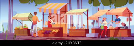 People buying natural products at outdoor farm market stalls. Vendors offer organic farmer production and vegetables to visitors at wooden fair booths with striped awnings, Cartoon vector illustration Stock Vector