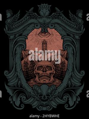 illustration antique skull sword with dark eyes engraving style Stock Vector