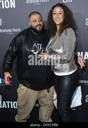 DJ Khaled and Nicole Tuck attending the Roc Nation Hosts Pre-Grammy Brunch in Los Angeles Stock Photo