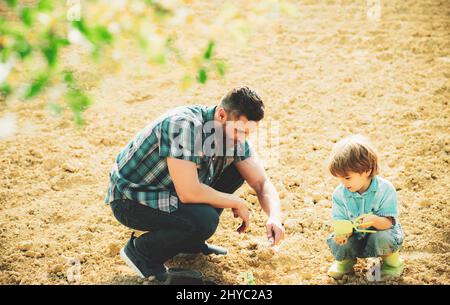 father and son digging ground in forest with shovels, ecology